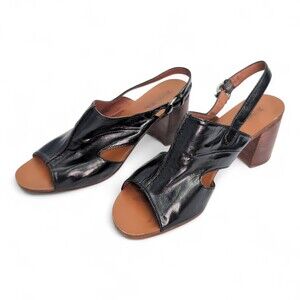 Biviel Black Leather Open-Toe Slingback Block Heels Size 7.5